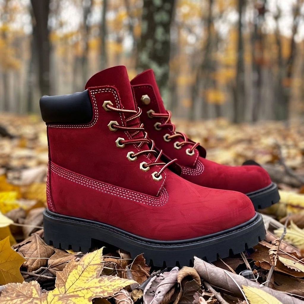 Red Leather Aosta Ankle Rugged Lace Up Combat Hiking Boots with Chunky Track Sole