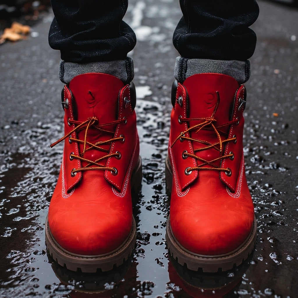 Red Leather Appoggio Ankle Rugged Lace Up Combat Hiking Boots with Chunky Track Sole