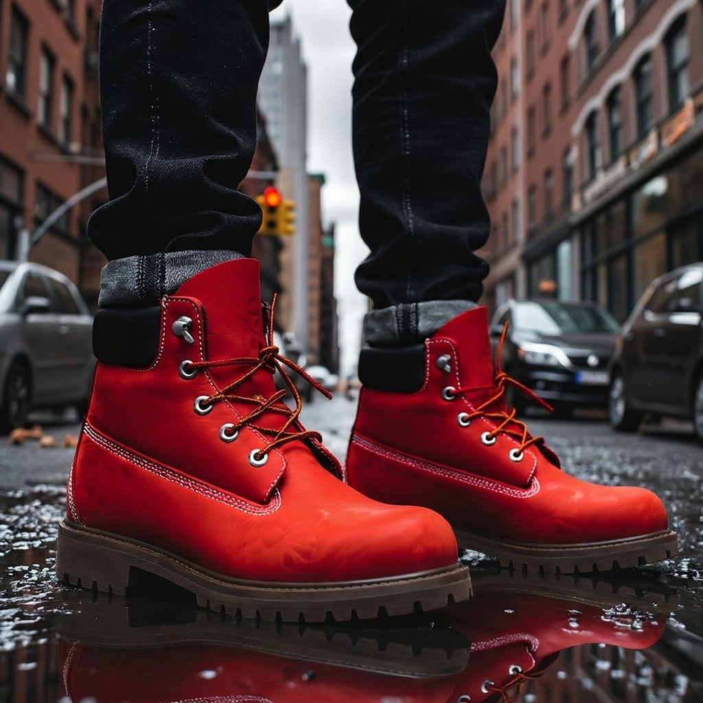 Red Leather Appoggio Ankle Rugged Lace Up Combat Hiking Boots with Chunky Track Sole