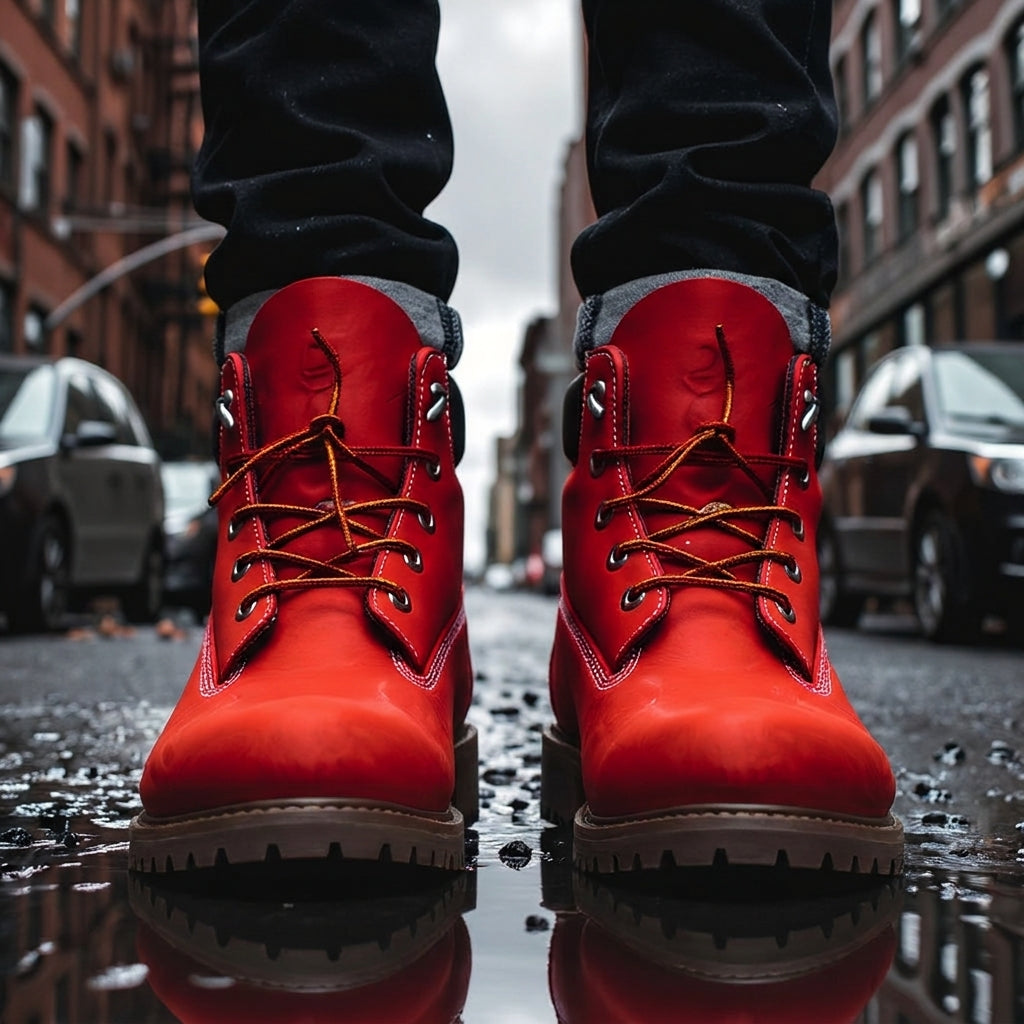 Red Leather Appoggio Ankle Rugged Lace Up Combat Hiking Boots with Chunky Track Sole