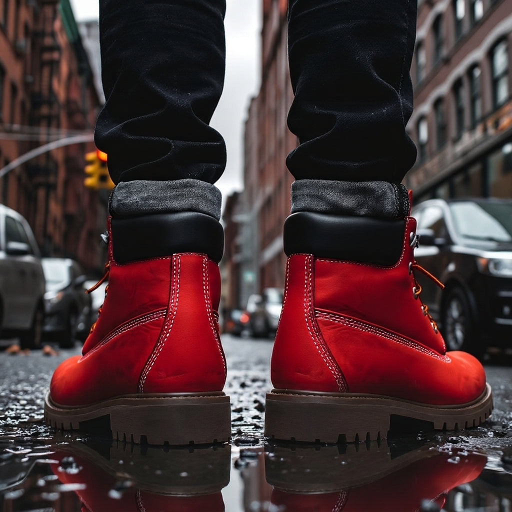 Red Leather Appoggio Ankle Rugged Lace Up Combat Hiking Boots with Chunky Track Sole