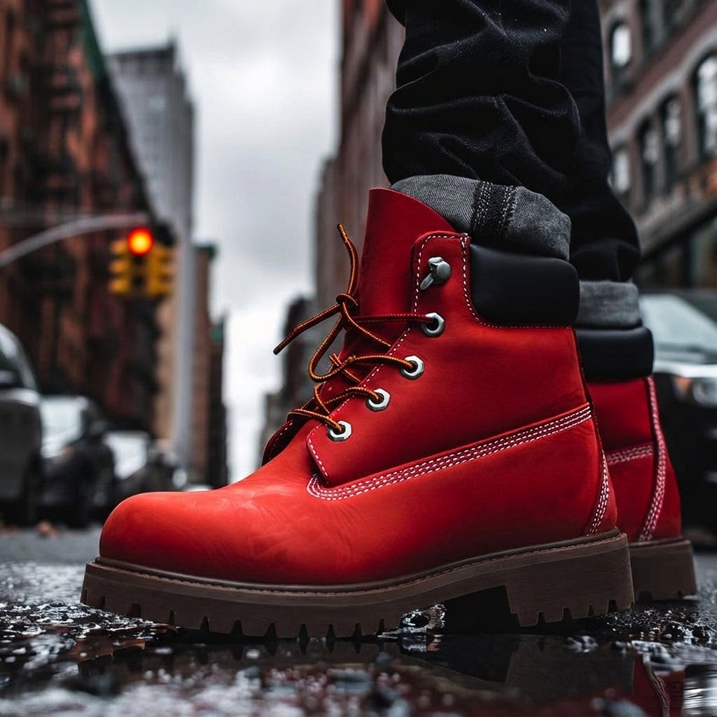 Red Leather Appoggio Ankle Rugged Lace Up Combat Hiking Boots with Chunky Track Sole