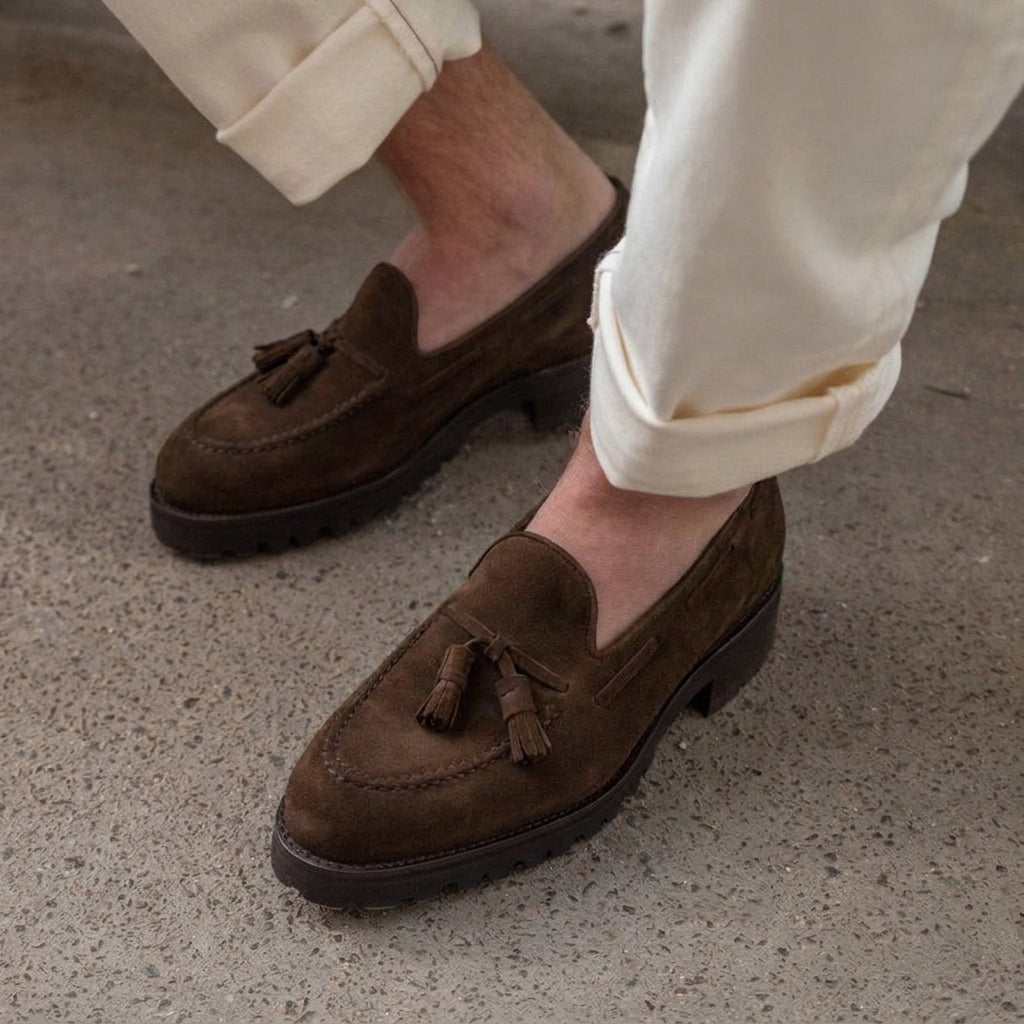 Height Increasing Brown Suede Leather Belize Chunky Tassel Loafers - With Track Soles - AW24