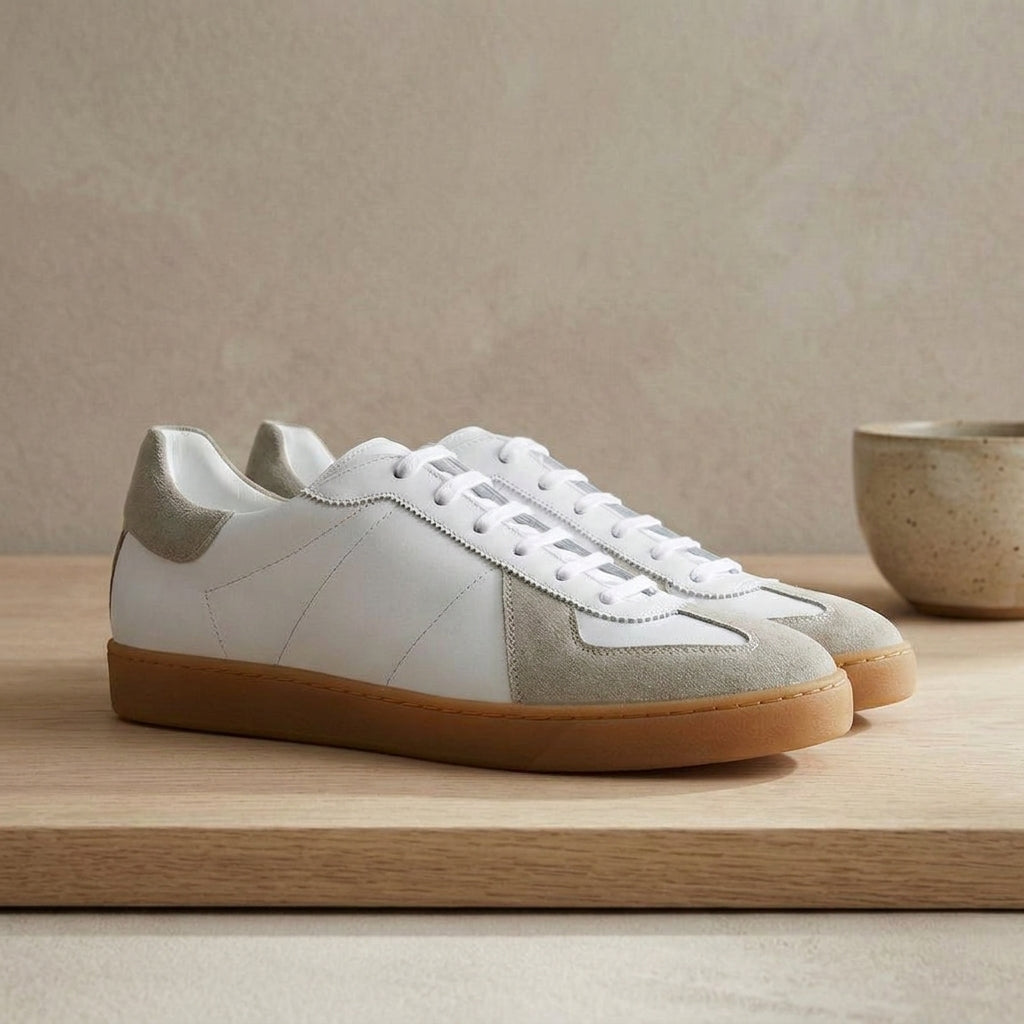 Height Increasing White Leather and Grey Suede Devin Lace Up Sneakers - Summer 2024 Collection