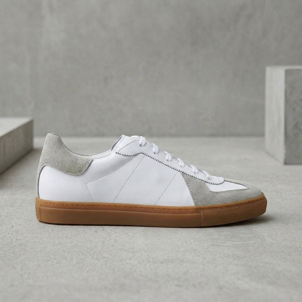 Height Increasing White Leather and Grey Suede Devin Lace Up Sneakers - Summer 2024 Collection