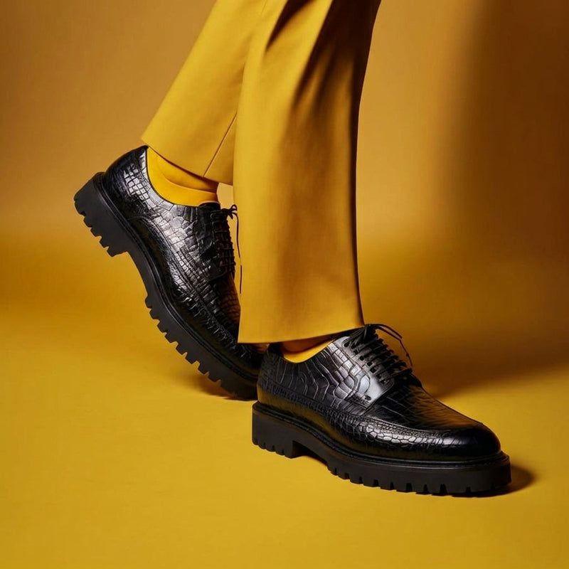 Height Increasing Black Crocodile Print Leather Colby Chunky Derby Shoes - AW24