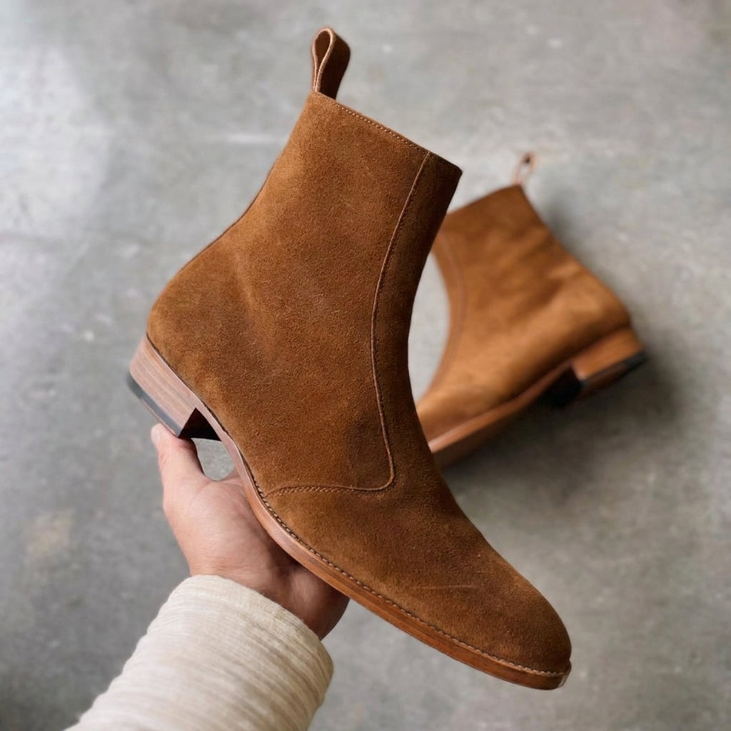 Height Increasing Tan Suede Valkyrie Slip On Zipper Boots - AW24