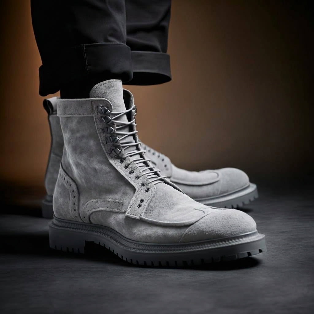 Height Increasing Grey Suede Brooks Chunky Hiking Combat Boots - AW24 - Hiking and Trekking Boots