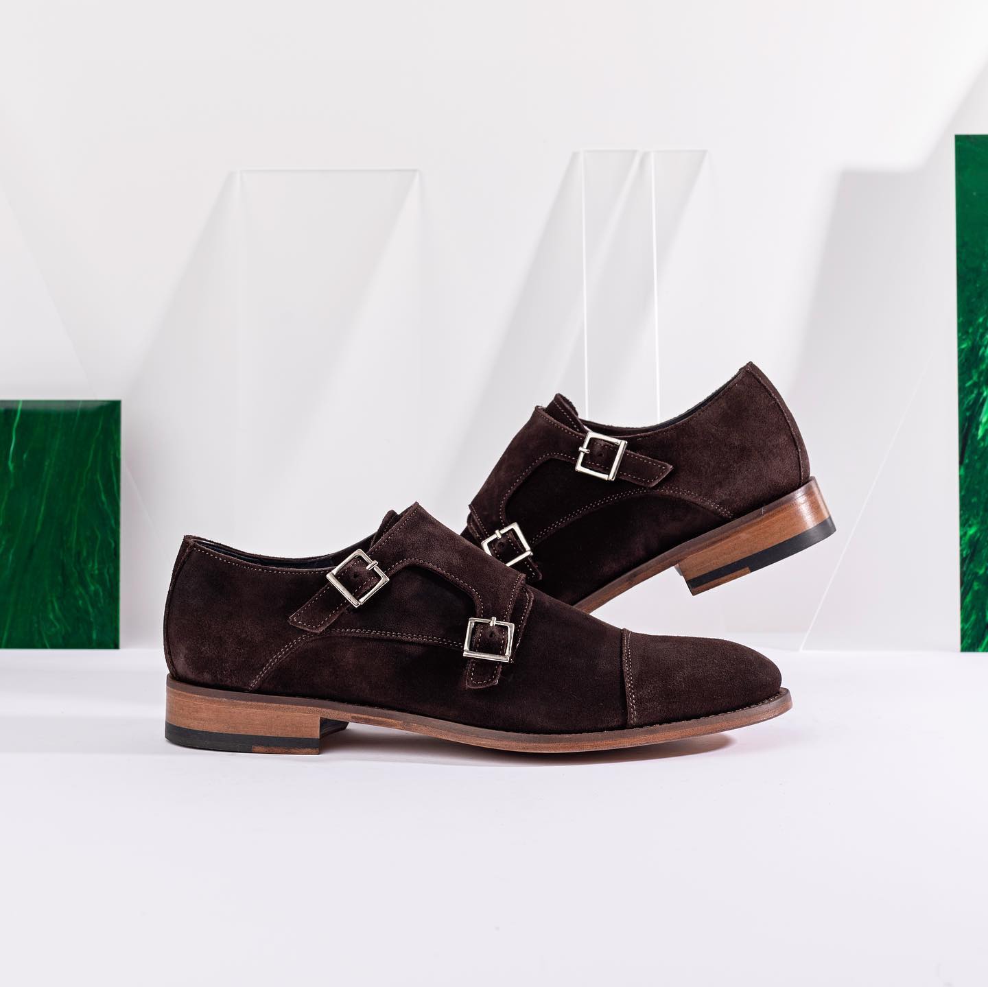 Brown Suede Marinelle Teo Cap Buckle Double Monk Straps 