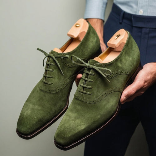 Green Suede Leather Kratio Brogue Oxfords - Formal Shoes