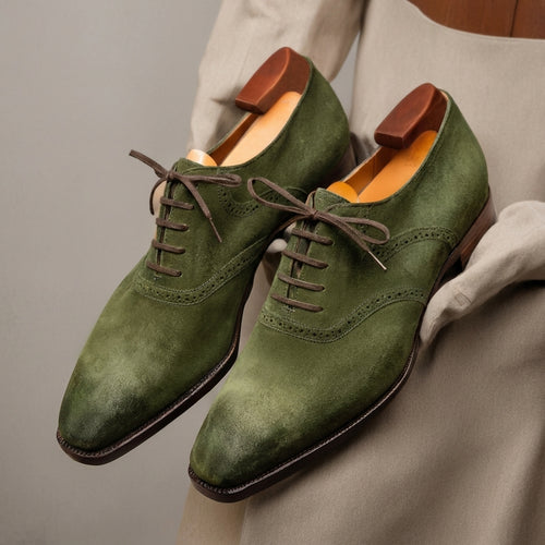 Dark Green Suede Leather Kratio Brogue Oxfords - Formal Shoes