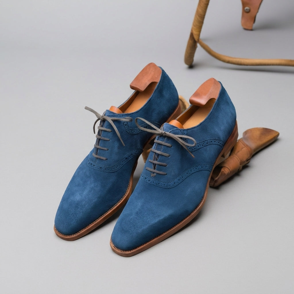 Blue Suede Leather Kratio Brogue Oxfords - Formal Shoes