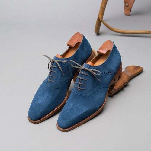 Blue Suede Leather Kratio Brogue Oxfords - Formal Shoes