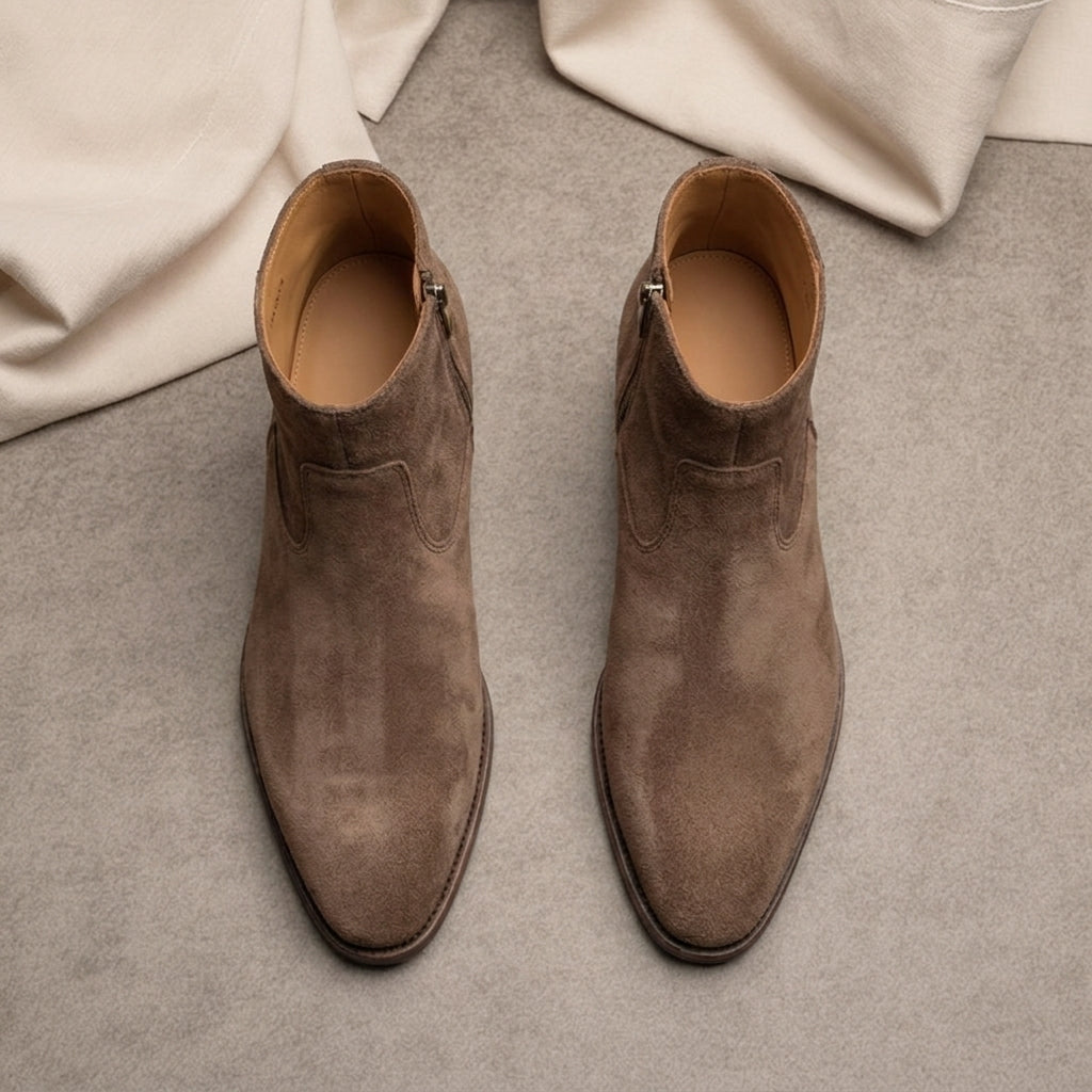 Brown Suede Leather Lazzer Slip On Zipper Pointed Boots