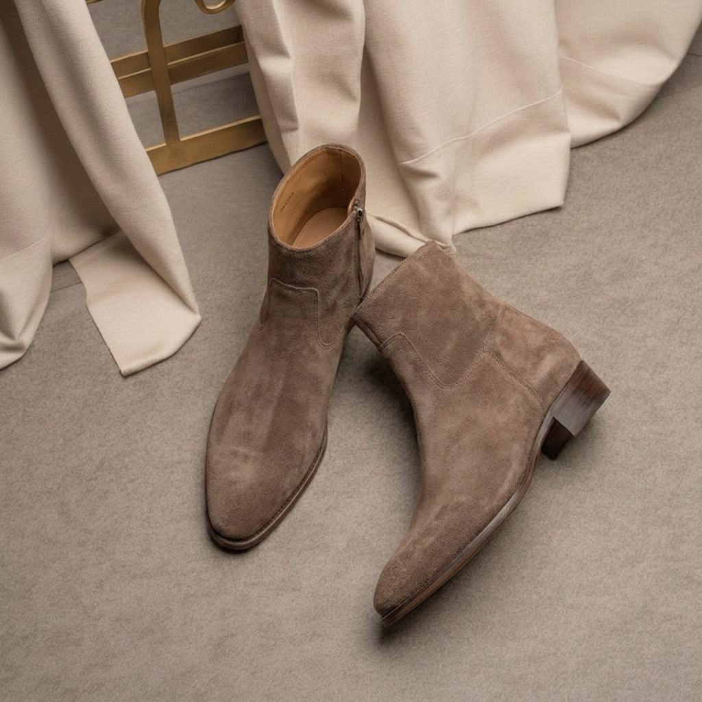 Brown Suede Leather Lazzer Slip On Zipper Pointed Boots