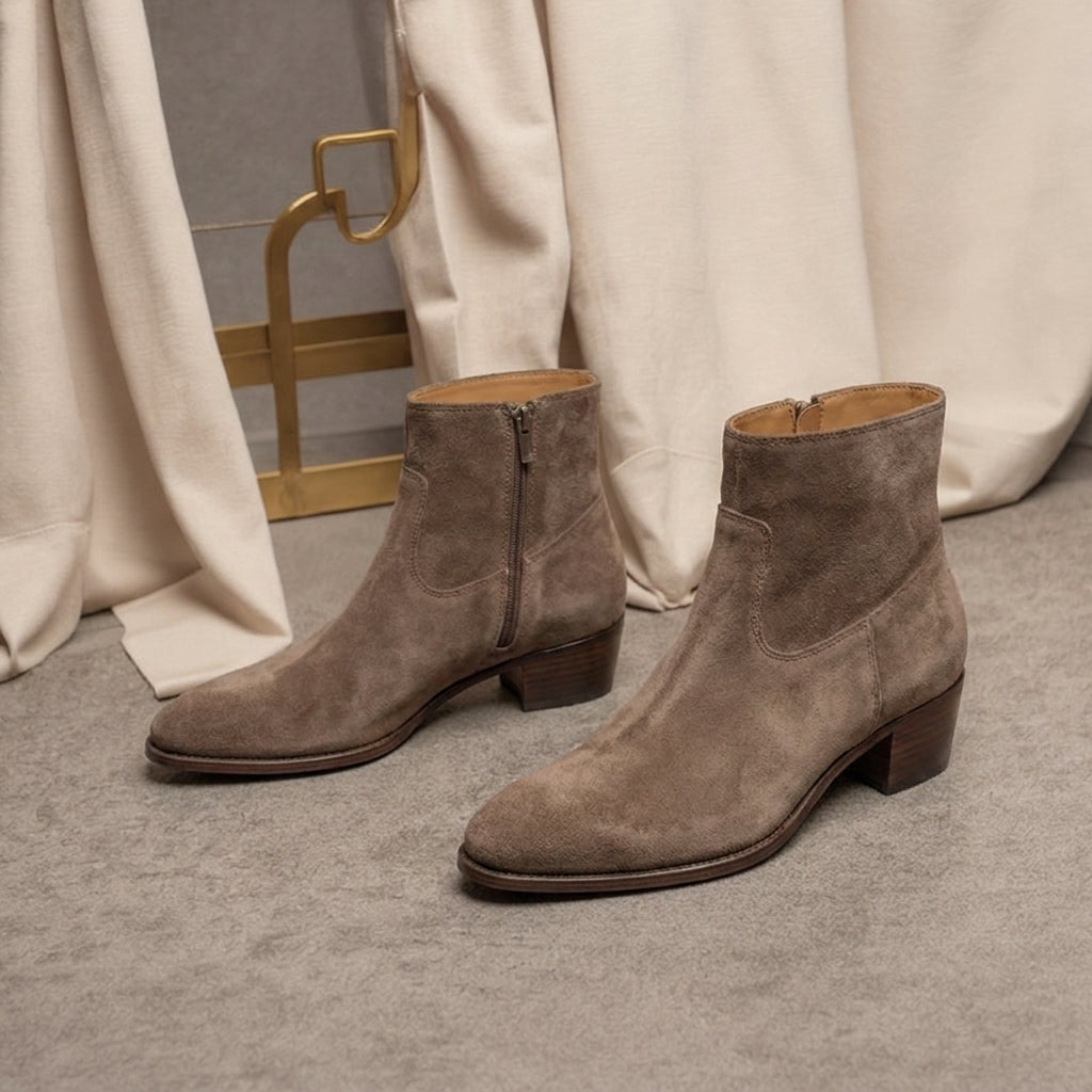 Brown Suede Leather Lazzer Slip On Zipper Pointed Boots