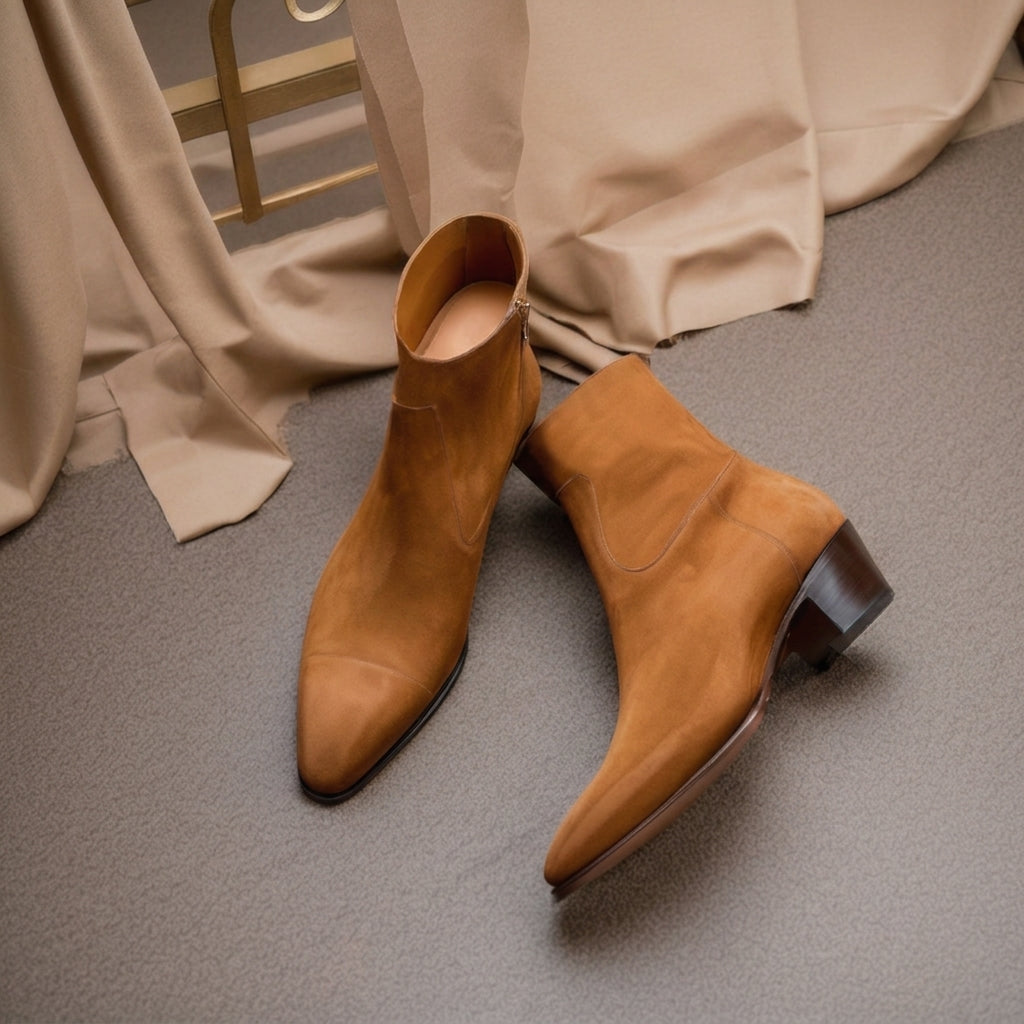 Tan Suede Leather Lazzer Slip On Zipper Pointed Boots