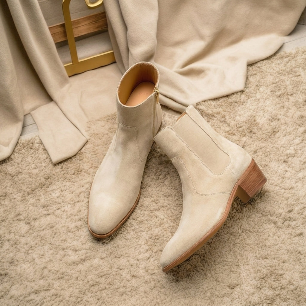 Cream Suede Leather Lazzer Slip On Zipper Pointed Boots