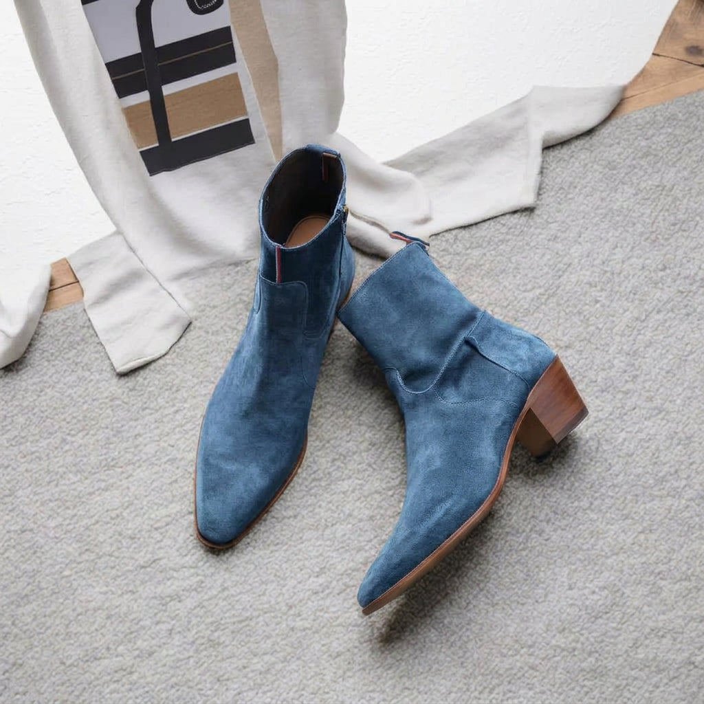 Dark Blue Suede Leather Lazzer Slip On Zipper Pointed Boots