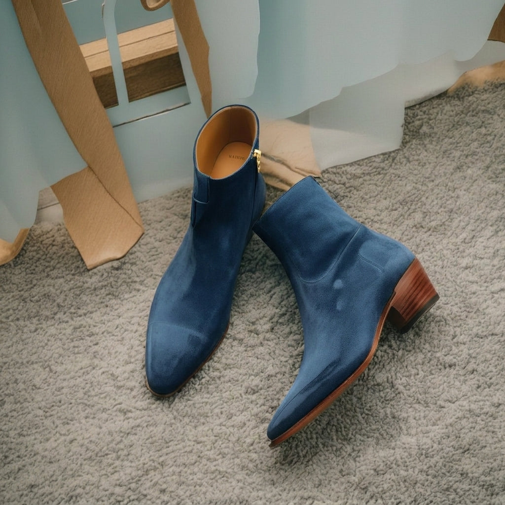 Blue Suede Leather Lazzer Slip On Zipper Pointed Boots