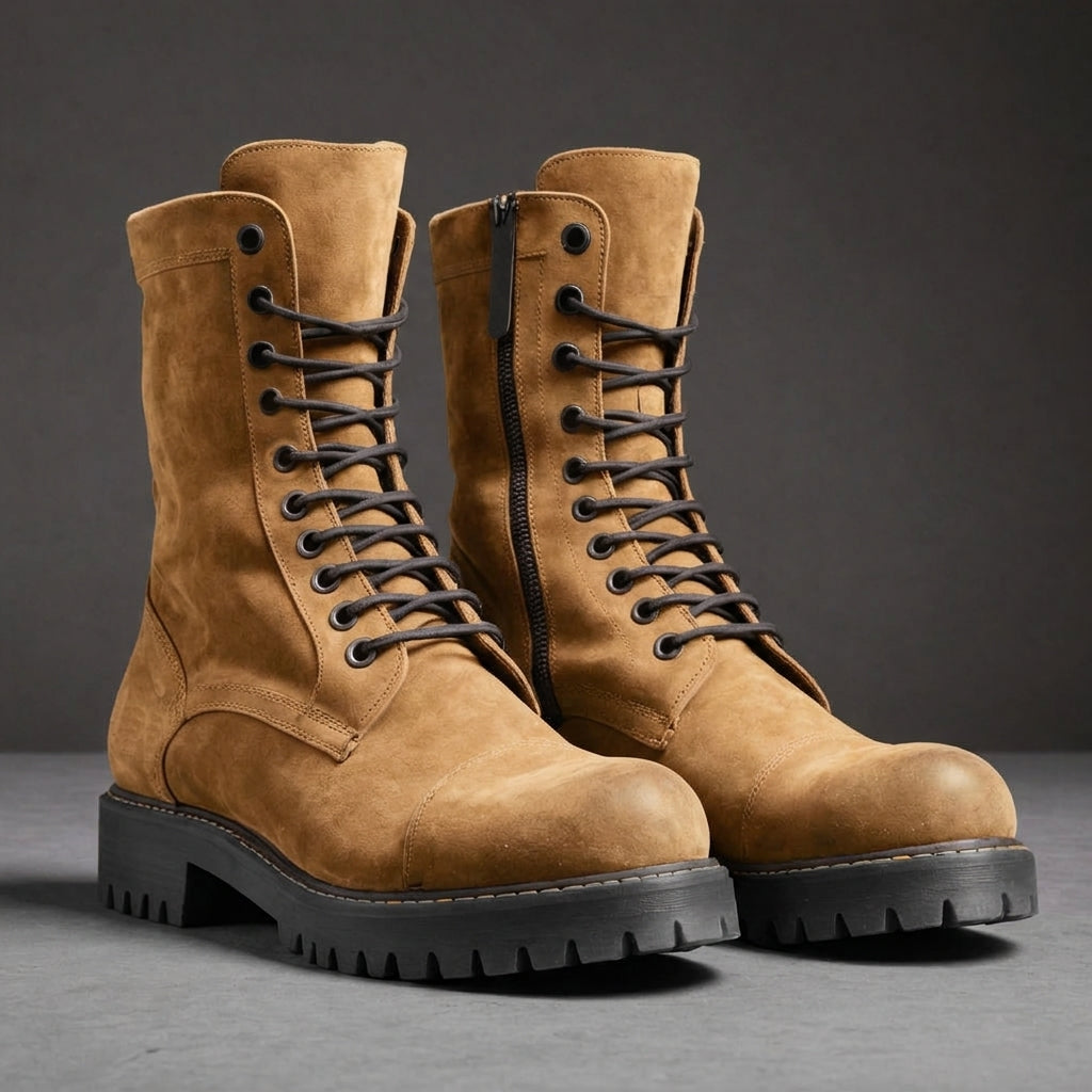 Brown Suede Leather Oriella Lace Up Chunky Derby Boots with Zipper and Track Sole - AW24 - Hiking and Trekking Boots