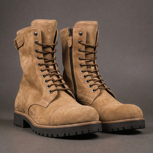 Tan Suede Leather Oriella Lace Up Chunky Derby Boots with Zipper and Track Sole - AW24 - Hiking and Trekking Boots