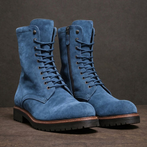 Dark Blue Suede Leather Oriella Lace Up Chunky Derby Boots with Zipper and Track Sole - AW24 - Hiking and Trekking Boots