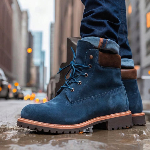 Blue Suede Leather Appoggio Ankle Rugged Lace Up Combat Hiking Boots with Chunky Track Sole