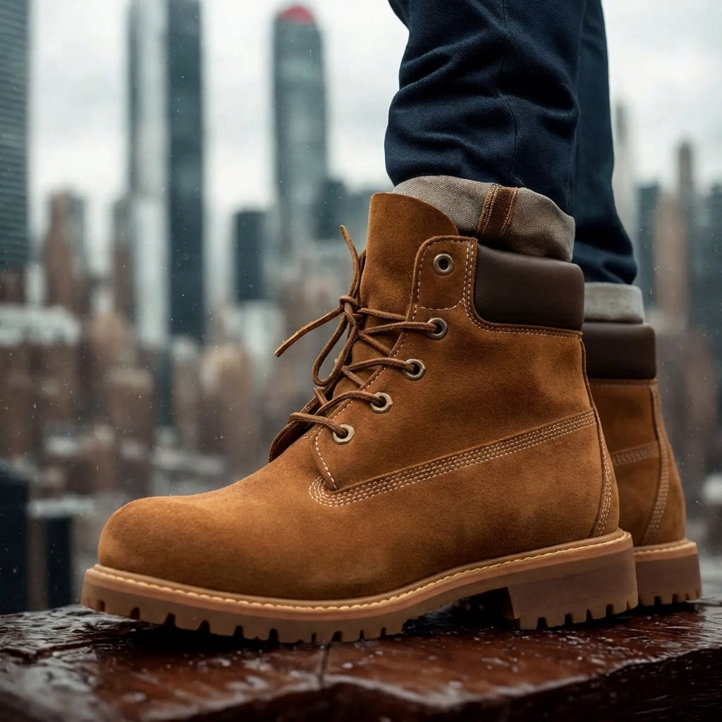 Cream Suede Leather Appoggio Ankle Rugged Lace Up Combat Hiking Boots with Chunky Track Sole
