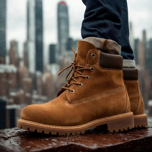 Cream Suede Leather Appoggio Ankle Rugged Lace Up Combat Hiking Boots with Chunky Track Sole
