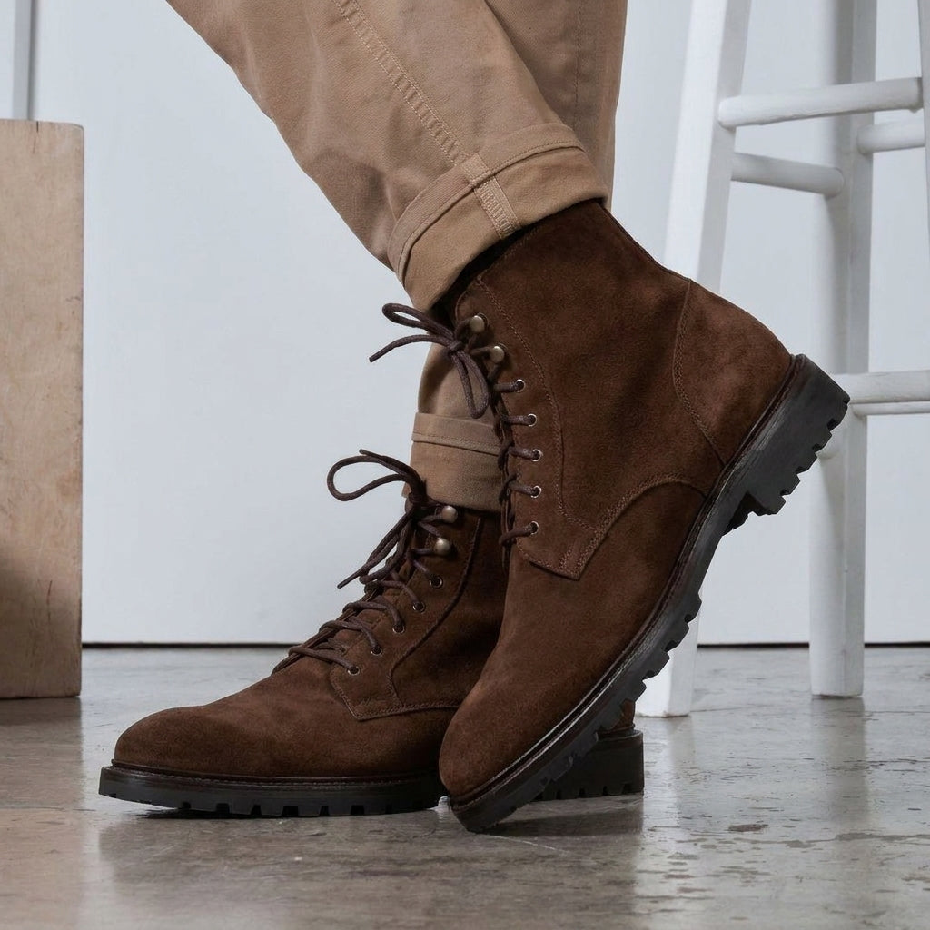 Height Increasing Brown Suede Preston Lace Up Hiking Combat Boots for Men - AW24