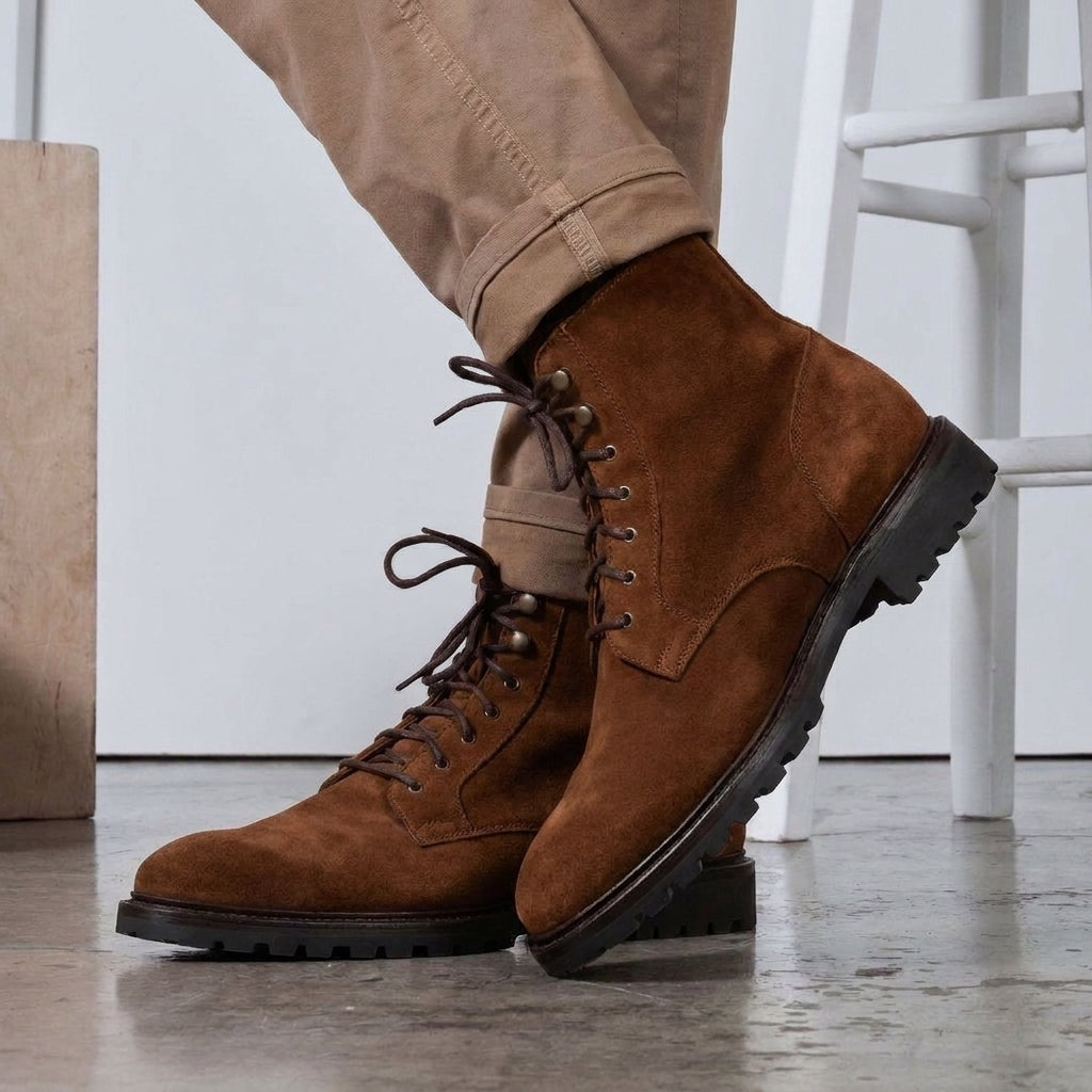 Height Increasing Brown Suede Preston Lace Up Hiking Combat Boots for Men - AW24