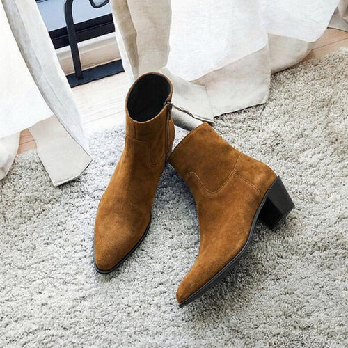 Tan Suede Leather Fiorina Slip On Zipper Pointed Boots for Men - AW24
