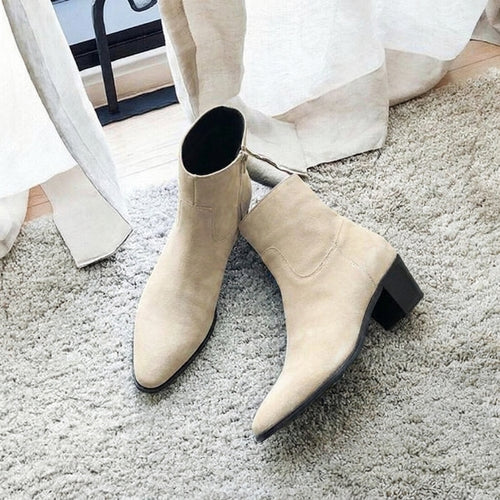 Cream Suede Leather Fiorina Slip On Zipper Pointed Boots for Men - AW24