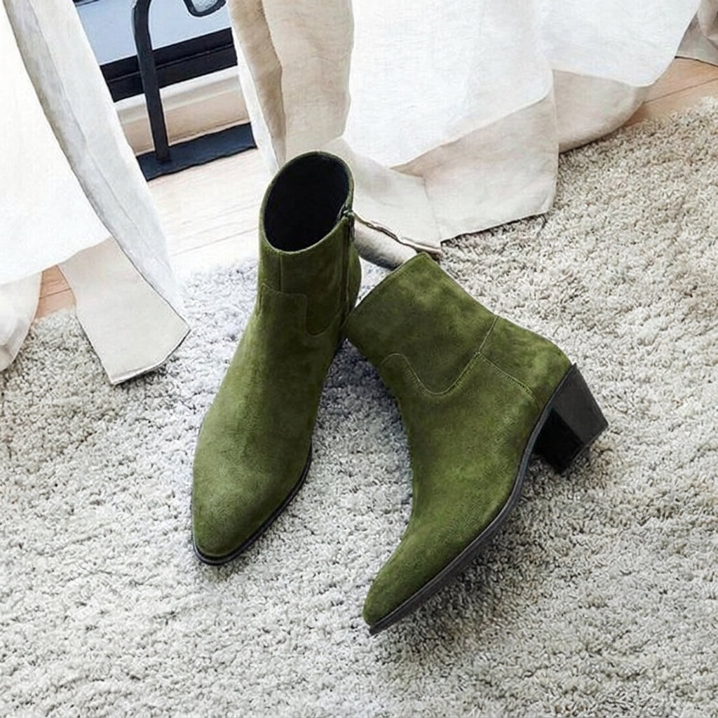 Green Suede Leather Fiorina Slip On Zipper Pointed Boots for Men - AW24
