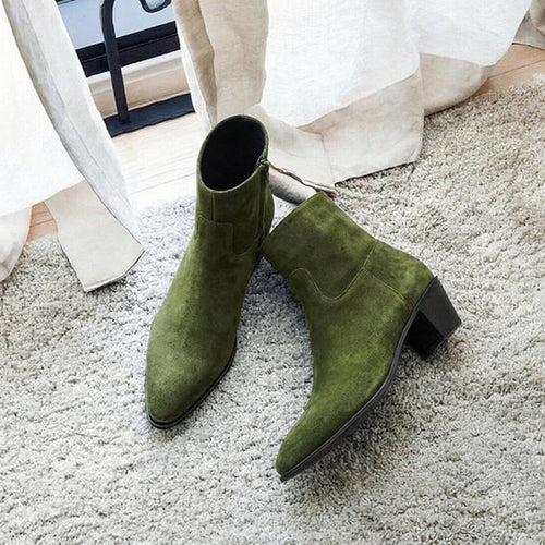 Green Suede Leather Fiorina Slip On Zipper Pointed Boots for Men - AW24