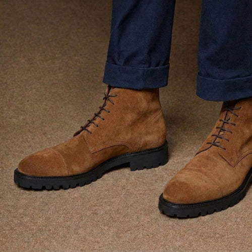 Brown Suede Leather Likech Lace Up Combat Boots -AW24