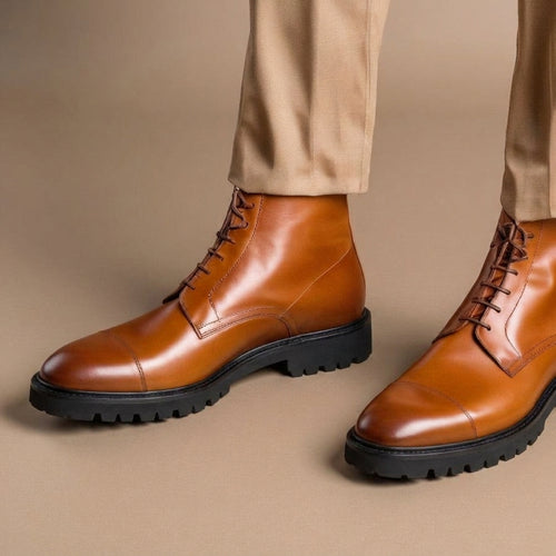 Tan Leather Likech Lace Up Combat Boots -AW24