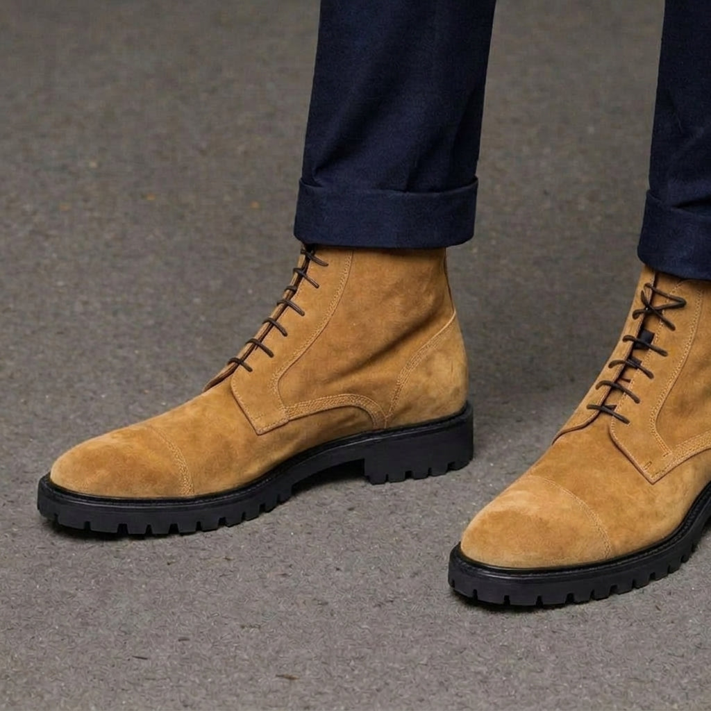 Tan Suede Leather Likech Lace Up Combat Boots -AW24