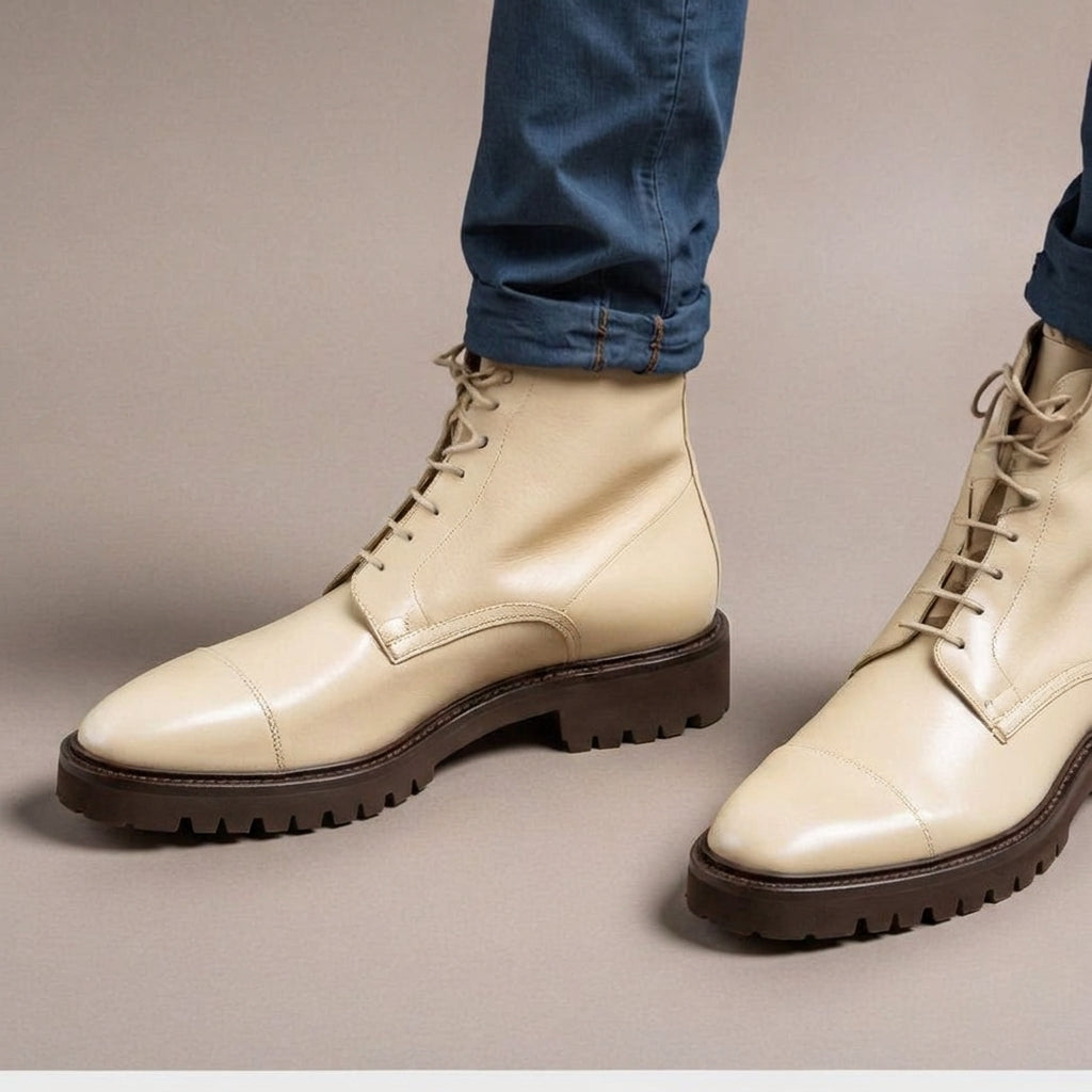 Cream Leather Likech Lace Up Combat Boots -AW24