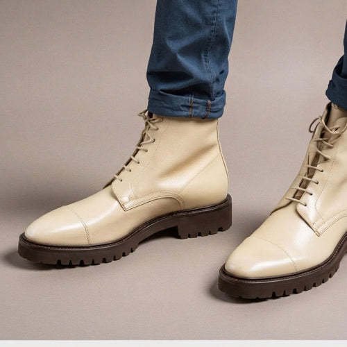 Cream Leather Likech Lace Up Combat Boots -AW24