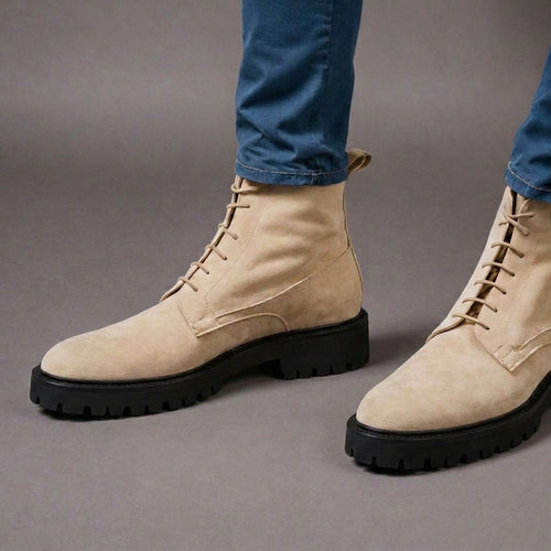 Cream Suede Leather Likech Lace Up Combat Boots -AW24
