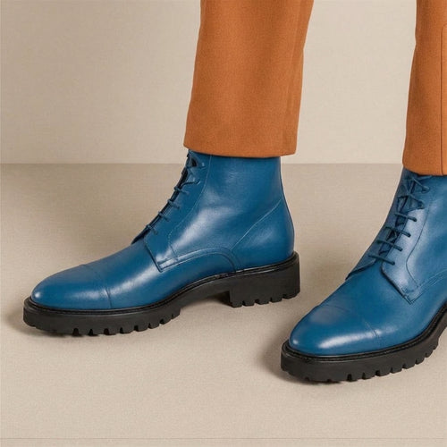 Blue Leather Likech Lace Up Combat Boots -AW24