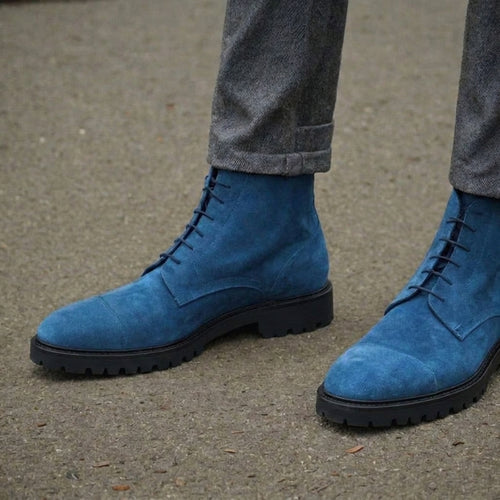 Blue Suede Leather Likech Lace Up Combat Boots -AW24