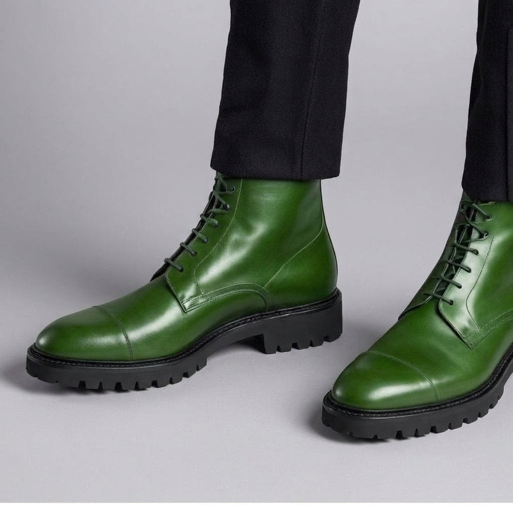 Green Leather Likech Lace Up Combat Boots -AW24