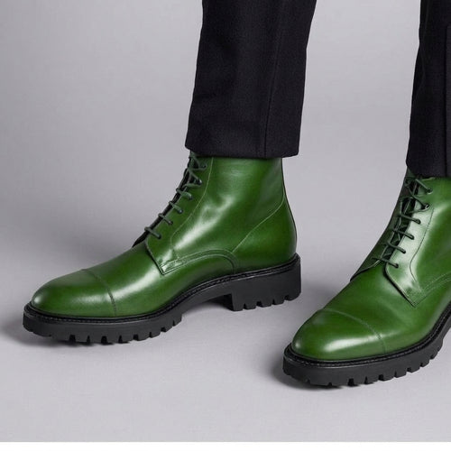Green Leather Likech Lace Up Combat Boots -AW24