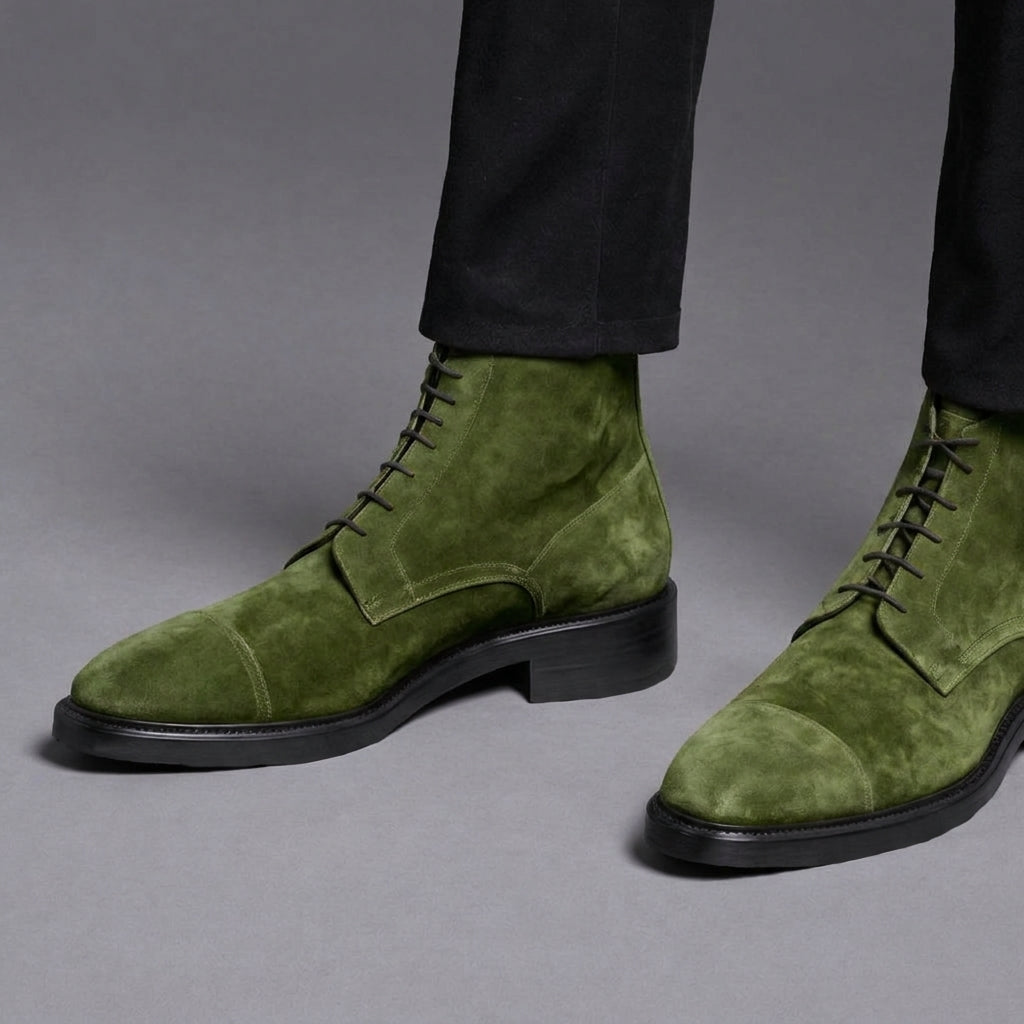 Green Suede Leather Likech Lace Up Combat Boots -AW24