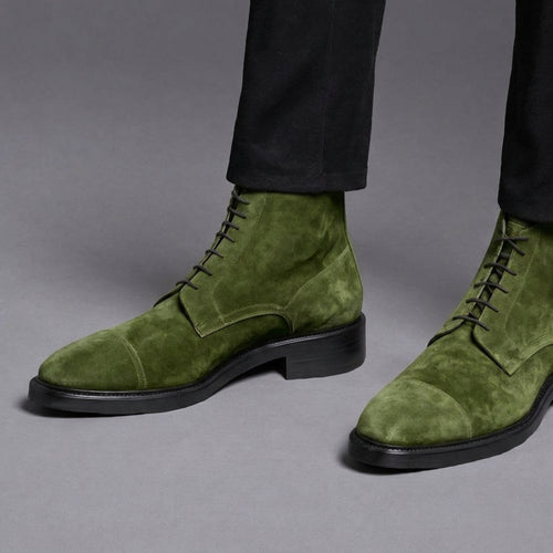 Green Suede Leather Likech Lace Up Combat Boots -AW24