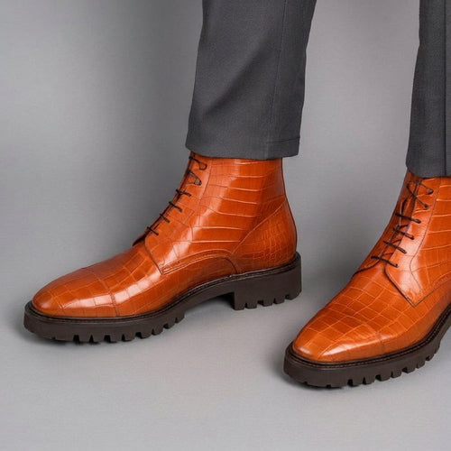 Tan Croc Print Leather Likech Lace Up Combat Boots -AW24