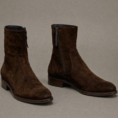 Brown Suede Leather Draven Zipper Boots - AW24